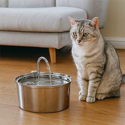 beau chat gris assied a cote de sa fontaine a eau chat en inox