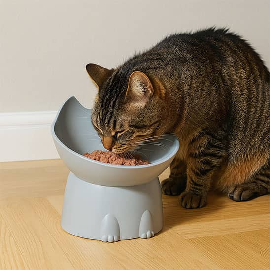 chat brun mange dans gamelle surelevee couleur grise