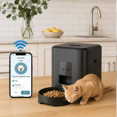 chaton roux grignotte distributeur automatique croquettes pour chat
