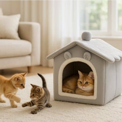 2-chatons-jouent-devant-la-maman-dans-sa-niche-chat-maisonnette-grise