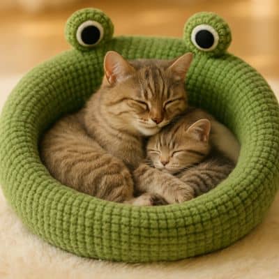 Coussin-pour-chat-grenouille-chat-blotti