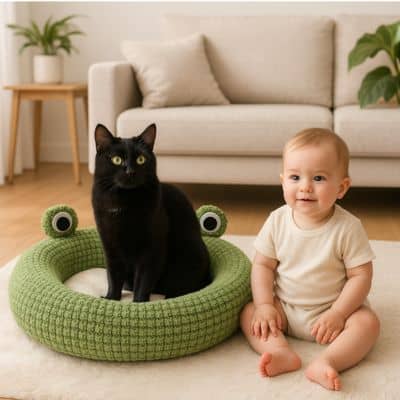 chat noir assied sur coussin pour chat