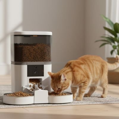 chat roux mange dans son Distributeur automatique croquettes chat blanc double bols
