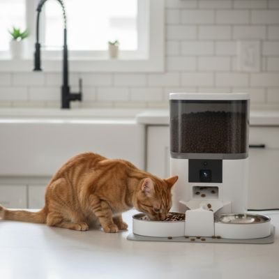 Distributeur automatique croquettes chat blanc detecteur de mouvement