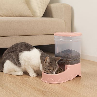 distributeur de croquettes pour chat rose