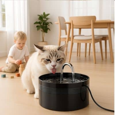 Fontaine-a-eau-chat-chat-blanc-boit