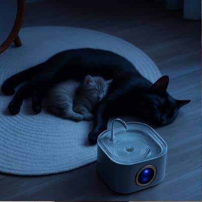 chat-chaton-dort-devant-Fontaine-a-eau-pour-chat-elegante