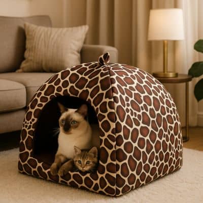 chat-et-chaton-siamois-dans-son-panier-chat-en-forme-de-dome