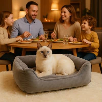 Panier-pour-chat-déposer-dans-une-salle-a-manger-famille-qui-dine
