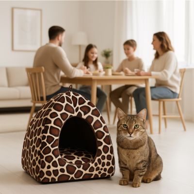 chat-et-chaton-dans-son-Panier-chat-motif-leopard-famille-mange-arriere-plan