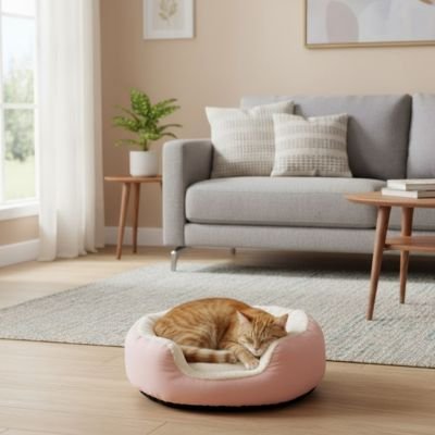 chat-roux-dors-dans-son-panier-pour-chat-cocoon-rose-au-milieu-du-salon