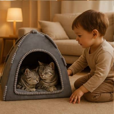 chaton-bloti-contre-sa-maman-dans-son-lit-pour-chat-forme-tente-gris-hivers-chaud