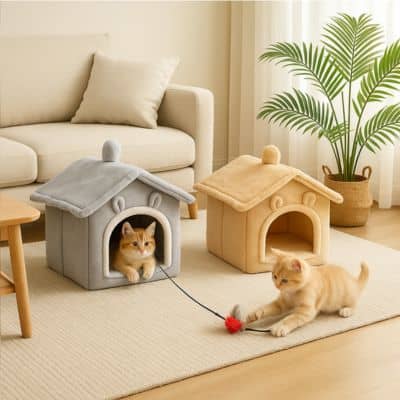 chatons-jouent-devant-la-maman-dans-sa-niche-chat-grise-et-beige