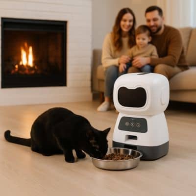 chat noir mange dans son distributeur automatique croquettes chat desgin robot