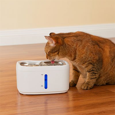 chat roux boit dans sa fontaine a eau chat