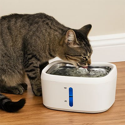 chat gris boit dans sa fontaine a eau chat connecte au wifi