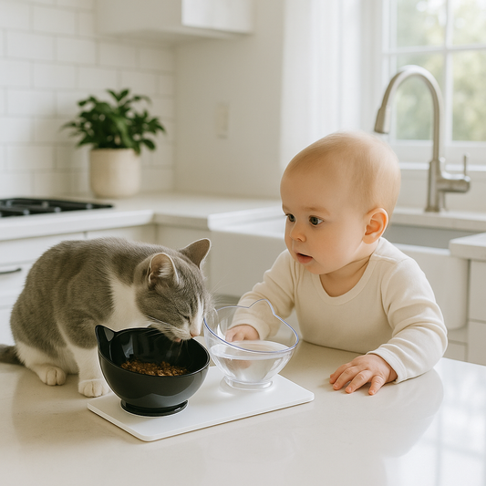 un bebe observe un chaton qui mange dans sa gamelle chat double bol noir et transparentsur la table de la cuisine
