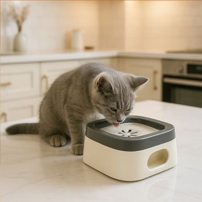 chaton gris  chat griseboit dans sa gamelle