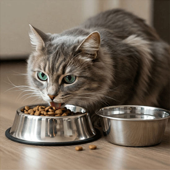 chat gris devant 2 gamelles chat