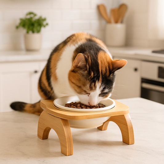 chat multicouleur mange dans gamelle chat surelevee dans la cuisine