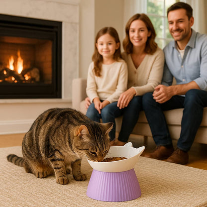 un chat brun dans le salon mange dans gamelle chat surelevee devant la famillle