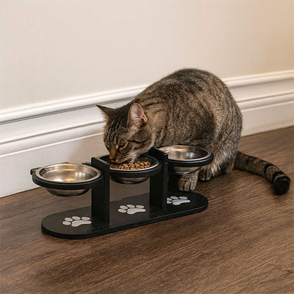 chat gris mange devant gamelle chat surelevee 