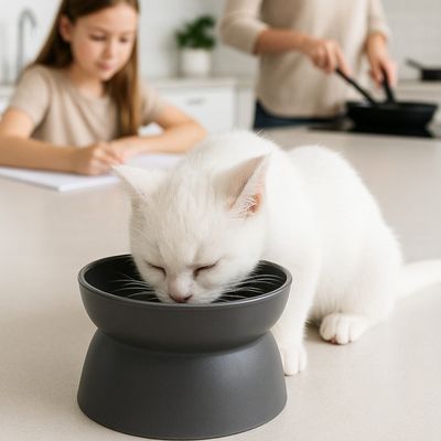 chaton boit gamelle chat surelevee enfant fait ses devoirs