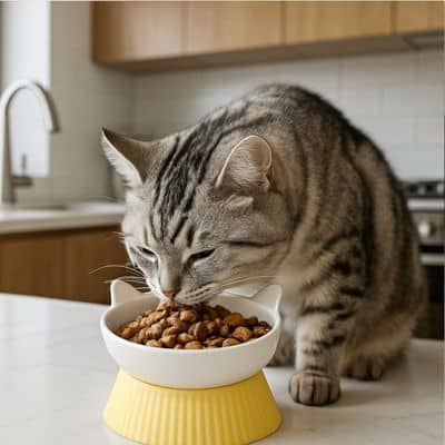 un chat dans la cuisine mange dans gamelle chat surelevee