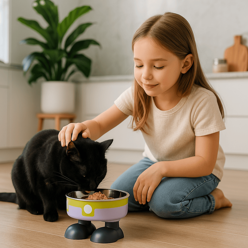 chat noir mange pâté , une petite fille caresse son chat 