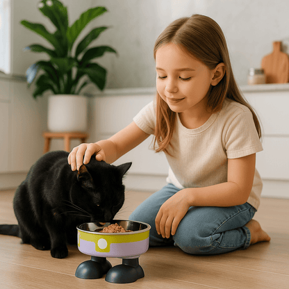 chat noir mange pâté , une petite fille caresse son chat 
