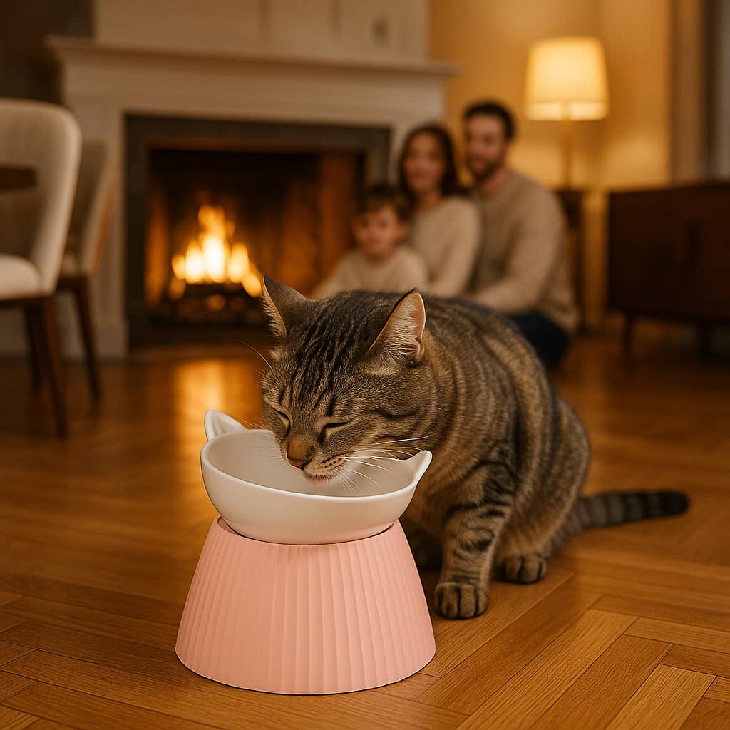 chat dans la salle a manger boit dans gamelle chat surelevee