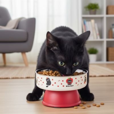 chat noir mange dans sa gamelle chat surelevee