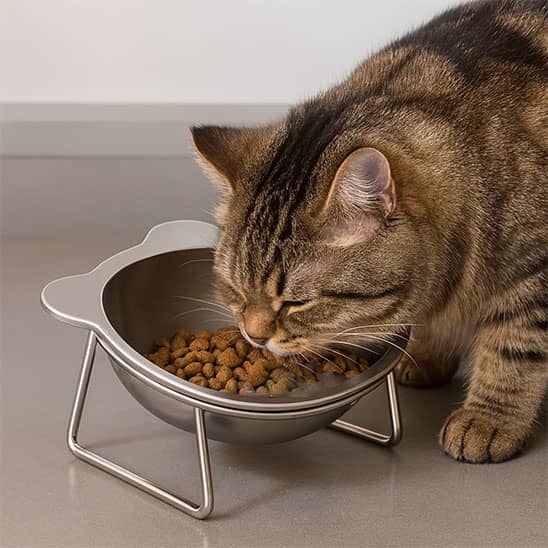 chat brun mange dans sa gamelle chat surelevee inox