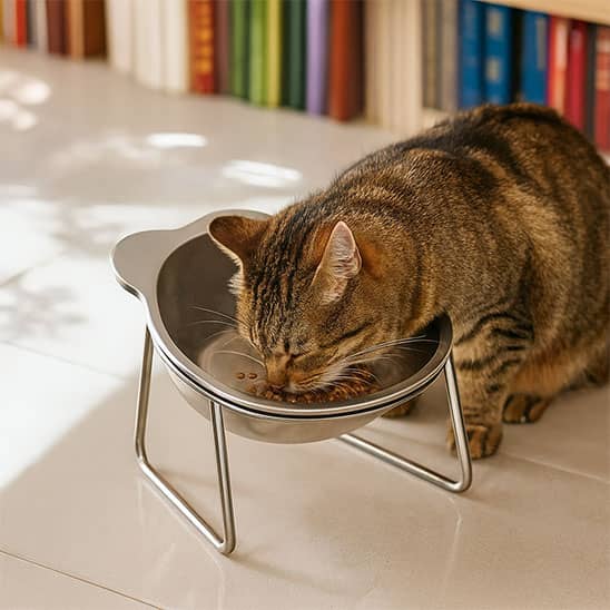 chat brun mange dans sa gamelle chat surelevee  dans iune bibliotheque