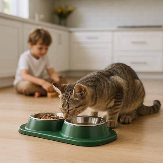 chat gris mange dans sa gamelle chat dans une cuisine avec un enfant qui joue