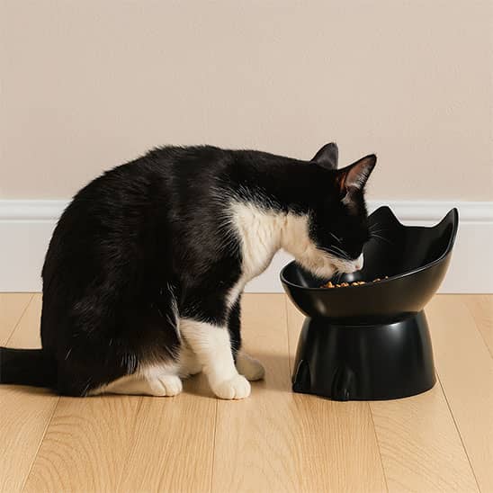 chat noir mange dans gamelle surelevee couleur noir