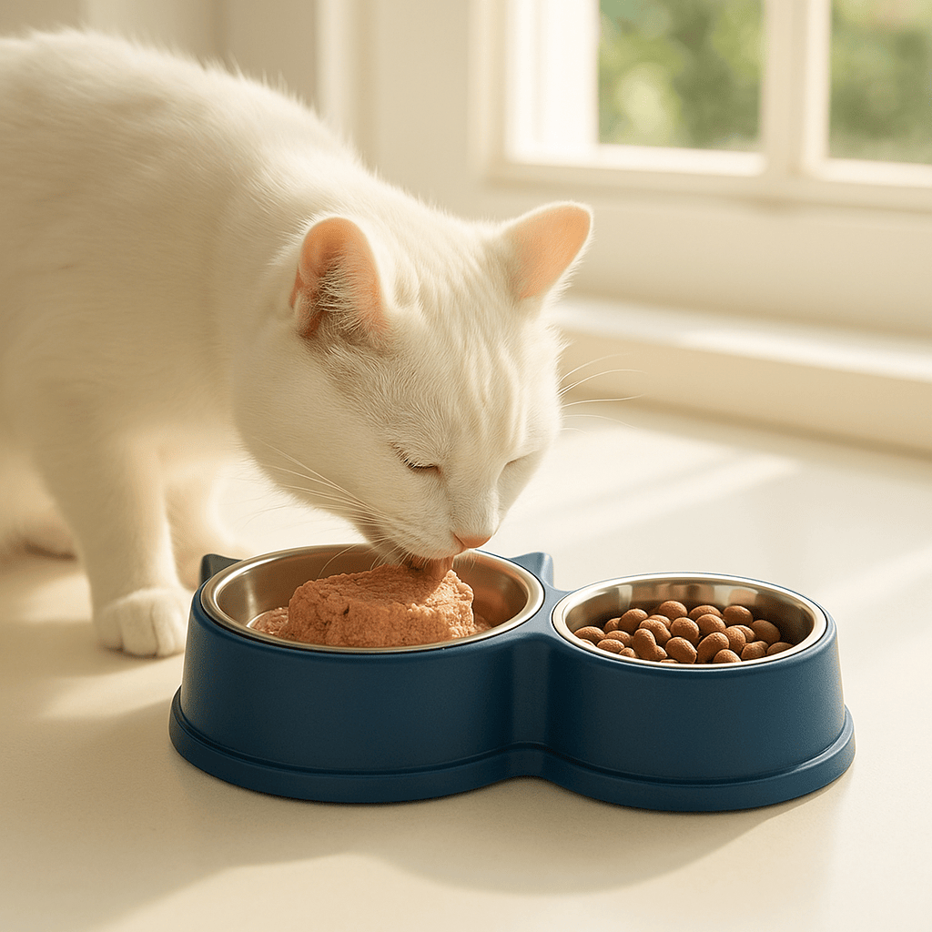 chat blanc mange paté dans sa gamelle pour chat double bols