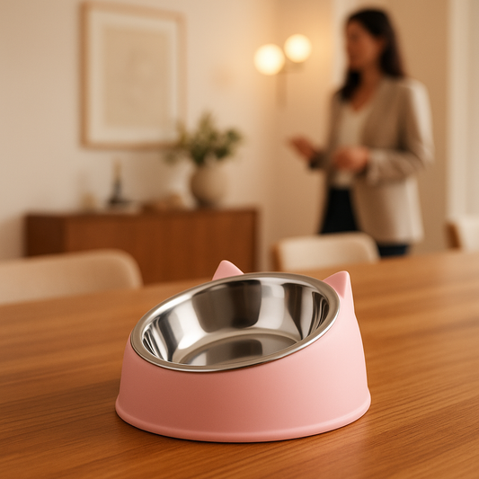gamelle pour chat rose sur la table de la cuisine