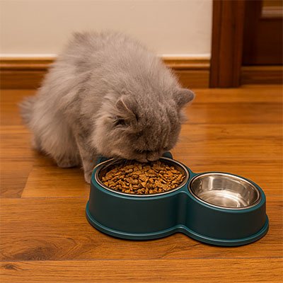chat gris mange croquettes dans sa gamelle pour chat