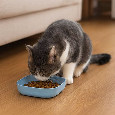 chat gris mange dans sa gamelles chaton