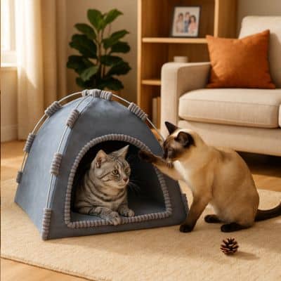 lit-pour-chat-chaude-forme-tente-gris