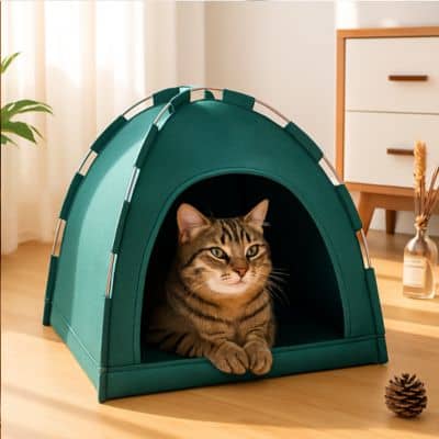 chat-dans-lit-pour-chat-forme-tente-Vert