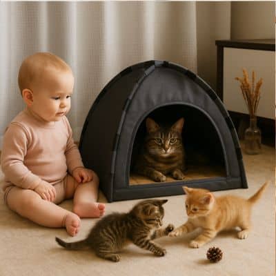 chatons-jouent-lit-pour-chat-forme-tente-gris