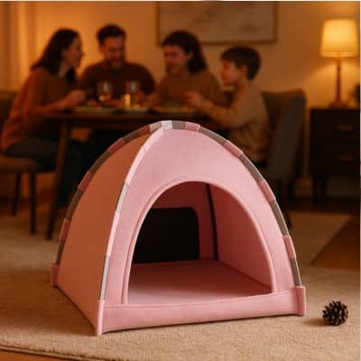 lit-pour-chat-forme-tente-rose