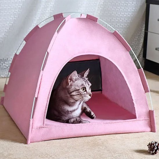 Lit-pour-Chat-tente-forme-dome-rose