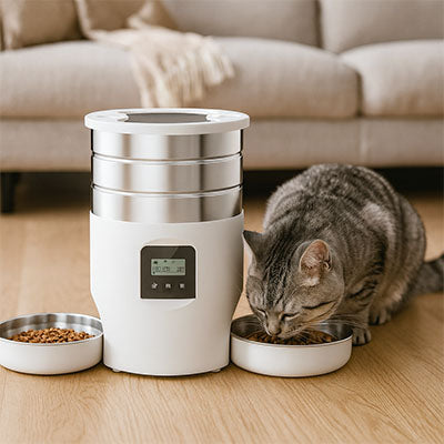 Meilleur-distributeur-automatique-de-croquettes-pour-chat-chat-gris mange-croquettes