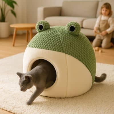 siamois gris sort du panier chat grenouille