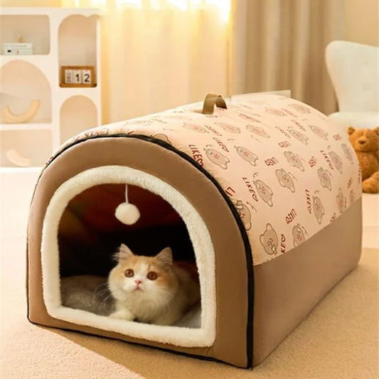 niche pour chat forme dome brun avec un chat a l'interieur