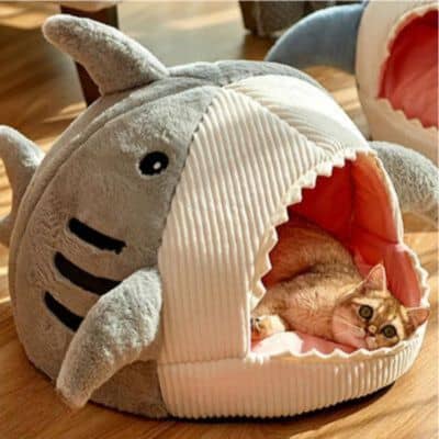 chat roux coucher dans sa niche pour chat design requin gris