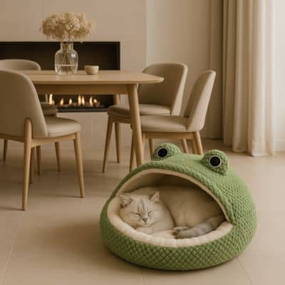 chat blanc dors dans panier chat cocoon doux